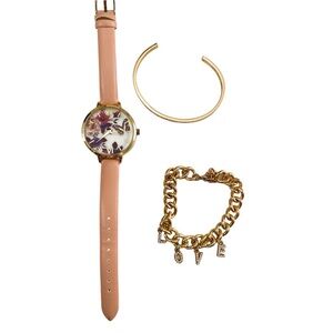 Gold Pink Butterfly Fashion Watch Set Gold Chain Bracelet and Cuff Stack Y2K